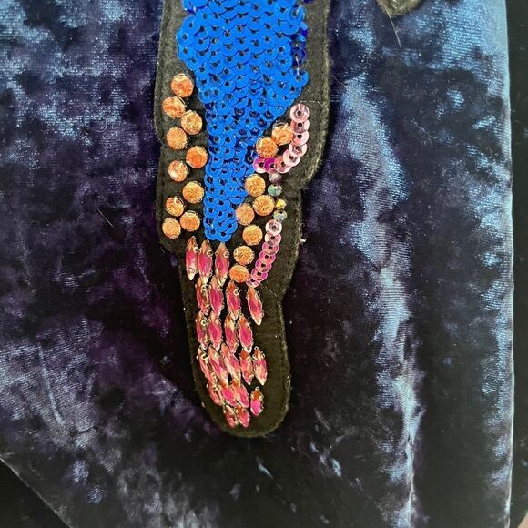 Zara Navy Crushed Velvet Kimono Beaded Peacock Bird Wrap Blouse - Picture 10 of 11